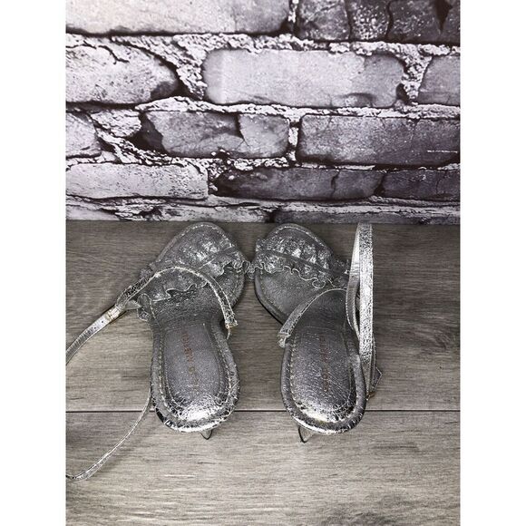 GOOD AMERICAN Metallic Silver Leather Strap Heeled Sandals Women Sz 7M US/37.5EU - Picture 5 of 16